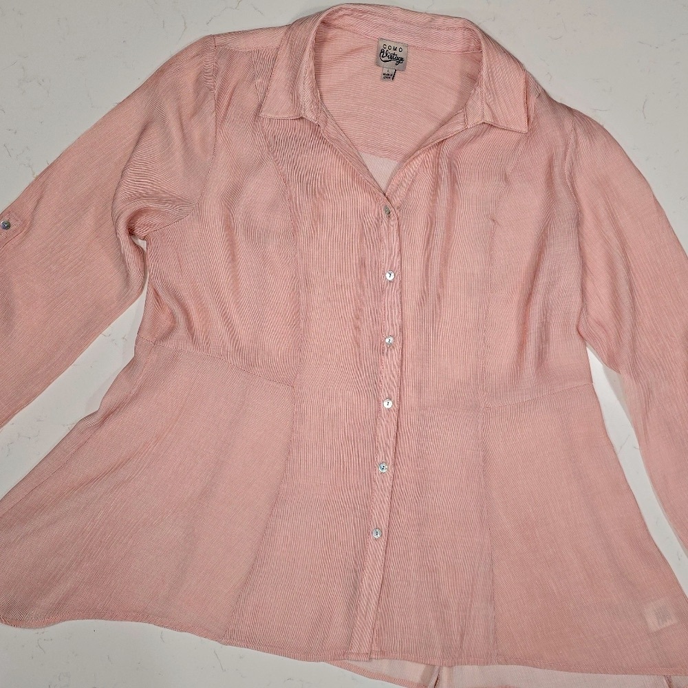 COMO Vintage Pink Long Sleeve & 1/4 Sleeve Button Up Blouse 80%‎ Rayon Size L